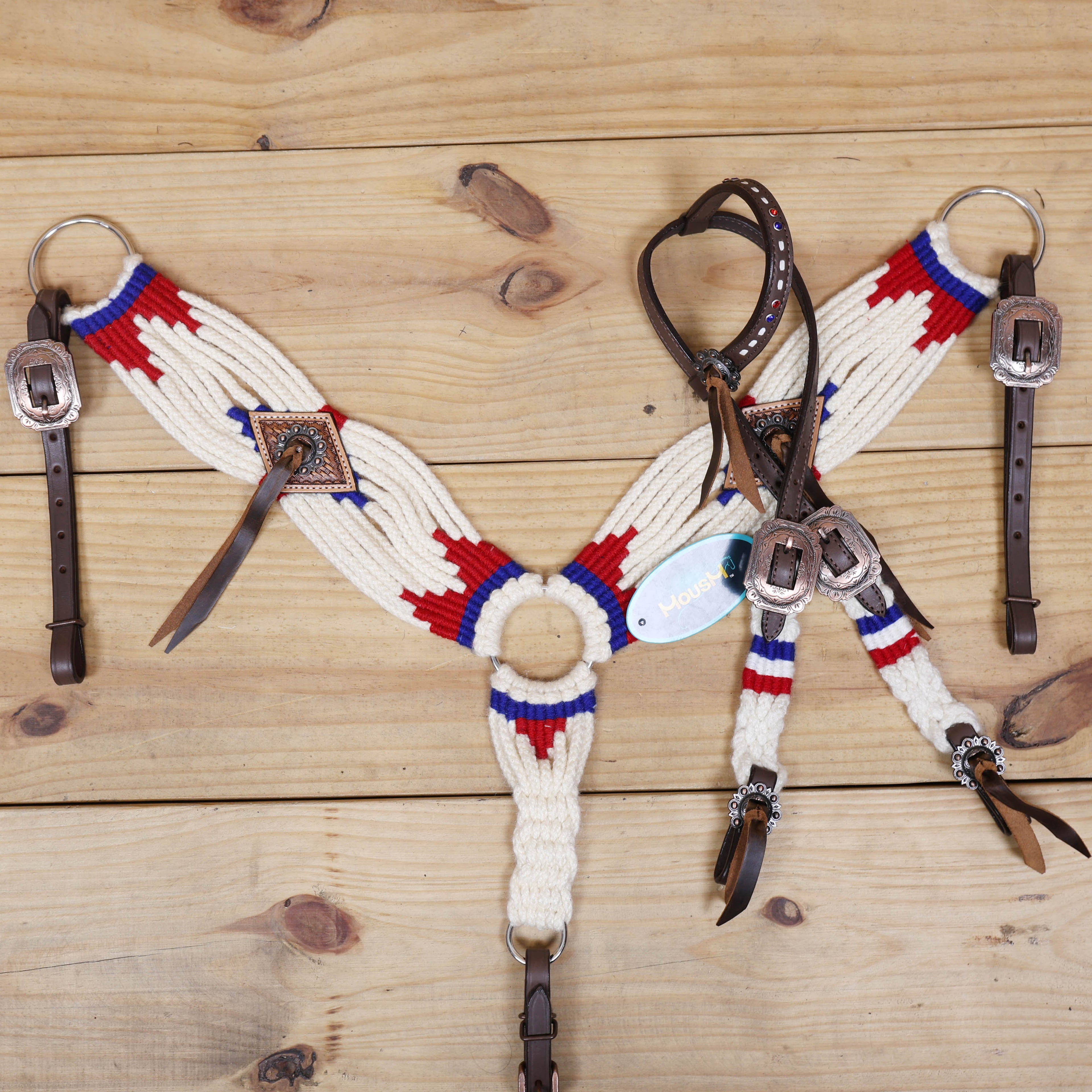 Red, Royal Blue &amp; White Mohair Western Headstall Tack Set with 32” Front Girth – Complete 5-Piece Set with Breast Collar, Bronc Halter &amp; Wither Strap – Antique Copper Hardware – Handcrafted