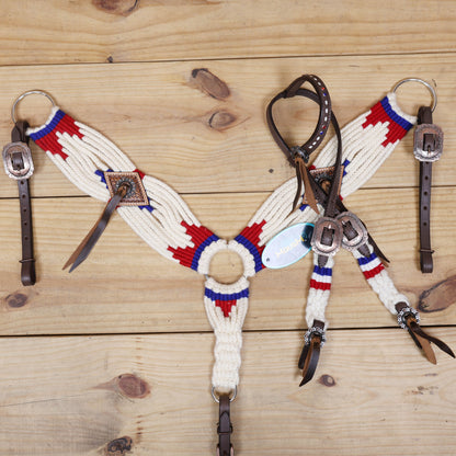 Red, Royal Blue &amp; White Mohair Western Headstall Tack Set with 32” Front Girth – Complete 5-Piece Set with Breast Collar, Bronc Halter &amp; Wither Strap – Antique Copper Hardware – Handcrafted