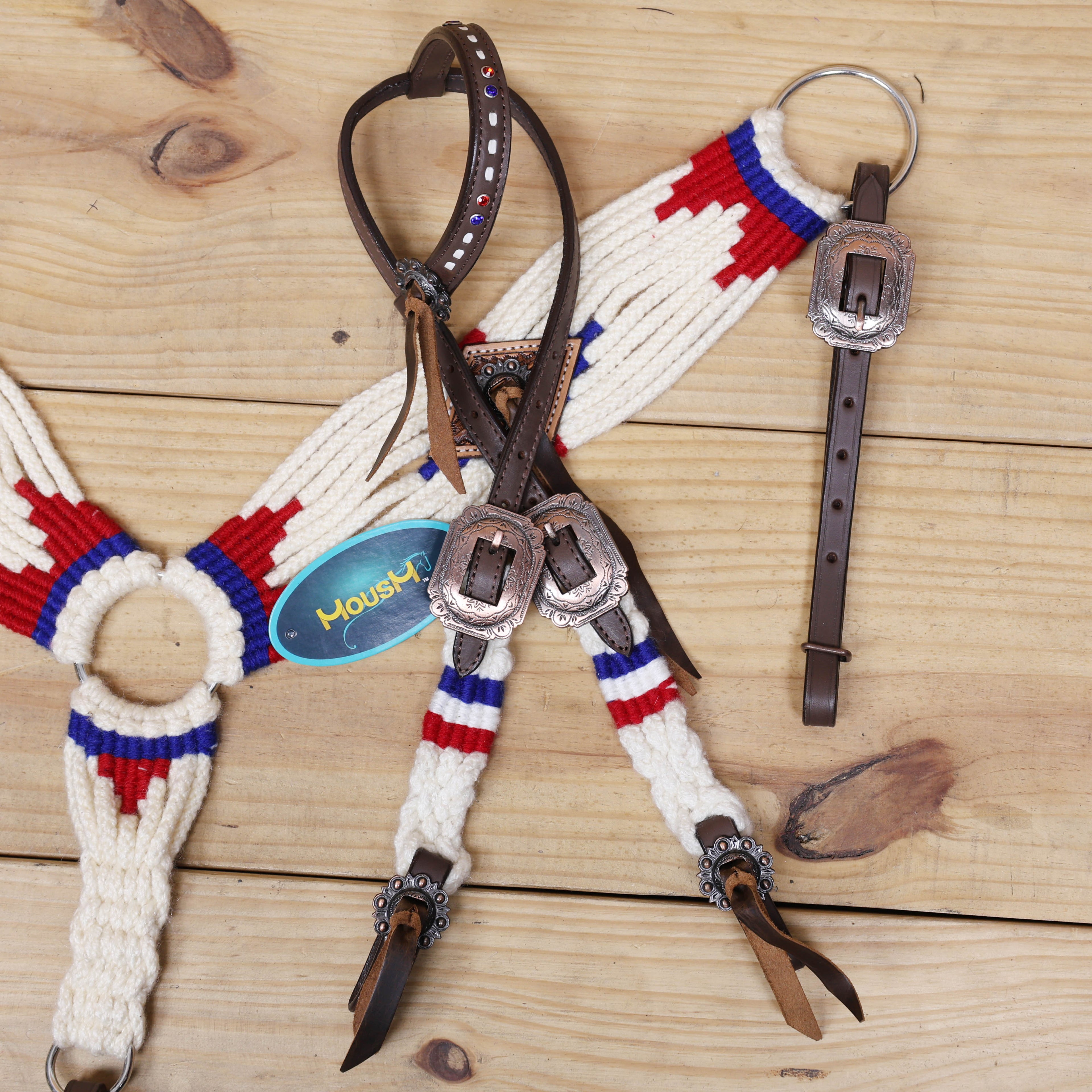 Red, Royal Blue &amp; White Mohair Western Headstall Tack Set with 32” Front Girth – Complete 5-Piece Set with Breast Collar, Bronc Halter &amp; Wither Strap – Antique Copper Hardware – Handcrafted