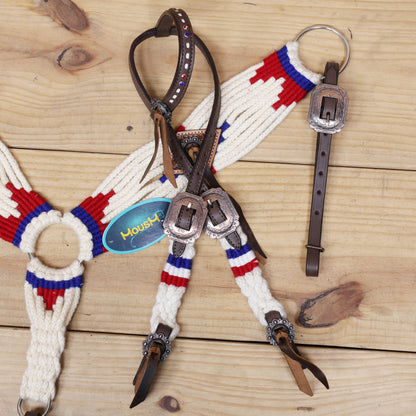 Red, Royal Blue &amp; White Mohair Western Headstall Tack Set with 32” Front Girth – Complete 5-Piece Set with Breast Collar, Bronc Halter &amp; Wither Strap – Antique Copper Hardware – Handcrafted
