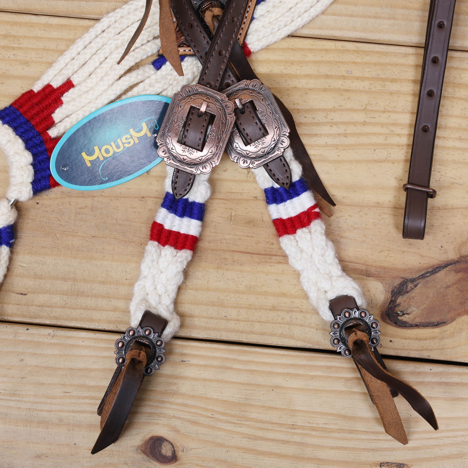 Red, Royal Blue &amp; White Mohair Western Headstall Tack Set with 32” Front Girth – Complete 5-Piece Set with Breast Collar, Bronc Halter &amp; Wither Strap – Antique Copper Hardware – Handcrafted