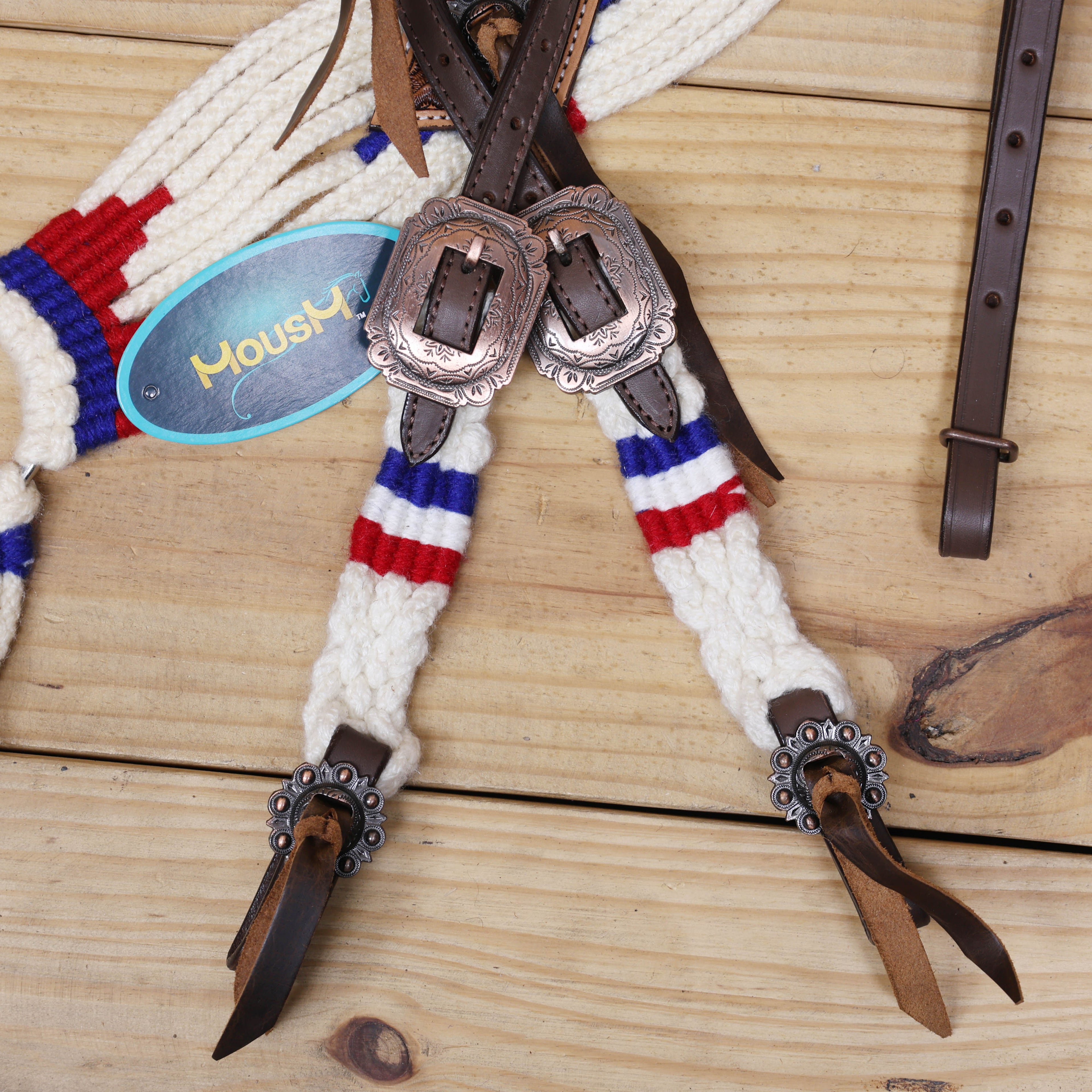 Red, Royal Blue &amp; White Mohair Western Headstall Tack Set with 32” Front Girth – Complete 5-Piece Set with Breast Collar, Bronc Halter &amp; Wither Strap – Antique Copper Hardware – Handcrafted