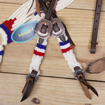 Red, Royal Blue &amp; White Mohair Western Headstall Tack Set with 32” Front Girth – Complete 5-Piece Set with Breast Collar, Bronc Halter &amp; Wither Strap – Antique Copper Hardware – Handcrafted