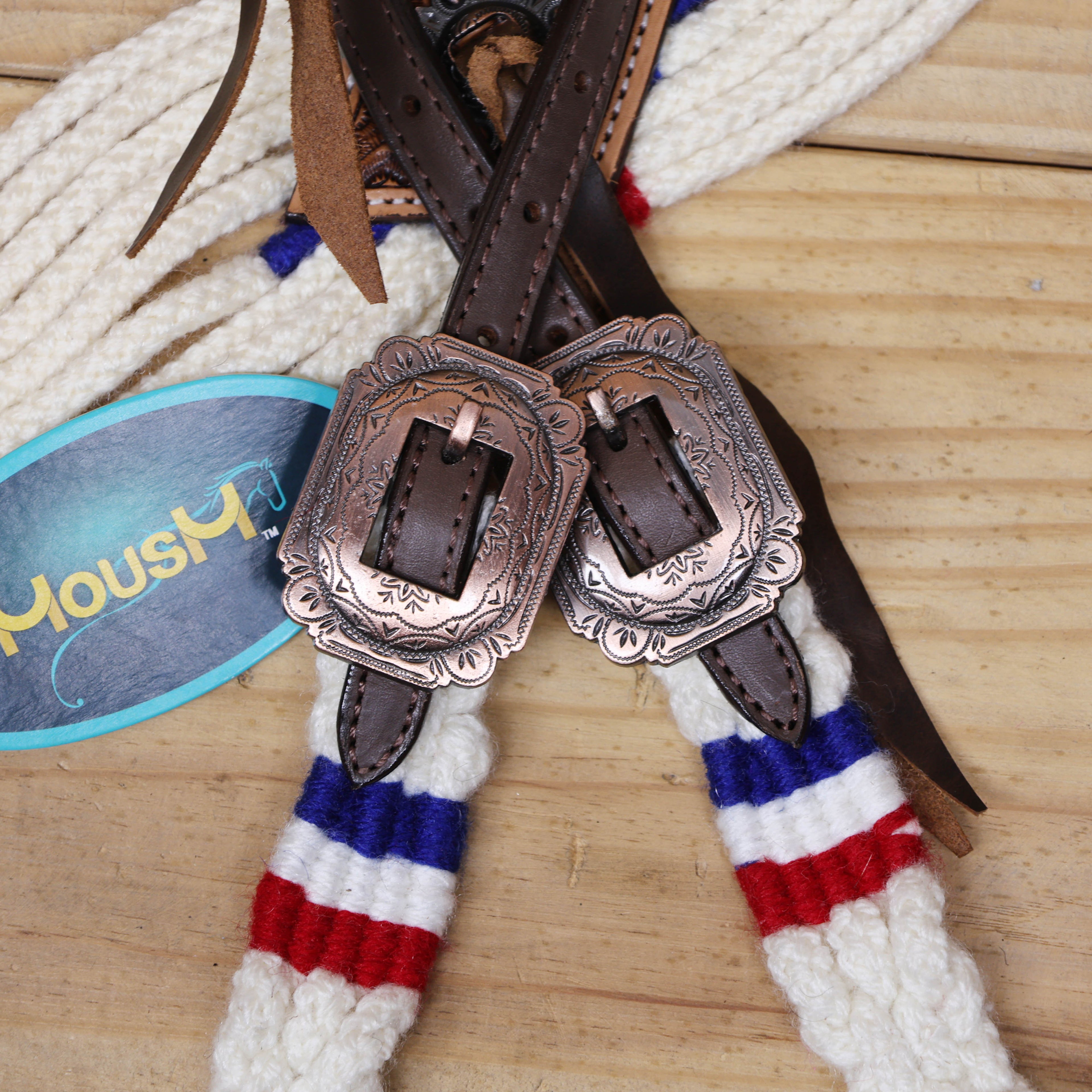 Red, Royal Blue &amp; White Mohair Western Headstall Tack Set with 32” Front Girth – Complete 5-Piece Set with Breast Collar, Bronc Halter &amp; Wither Strap – Antique Copper Hardware – Handcrafted