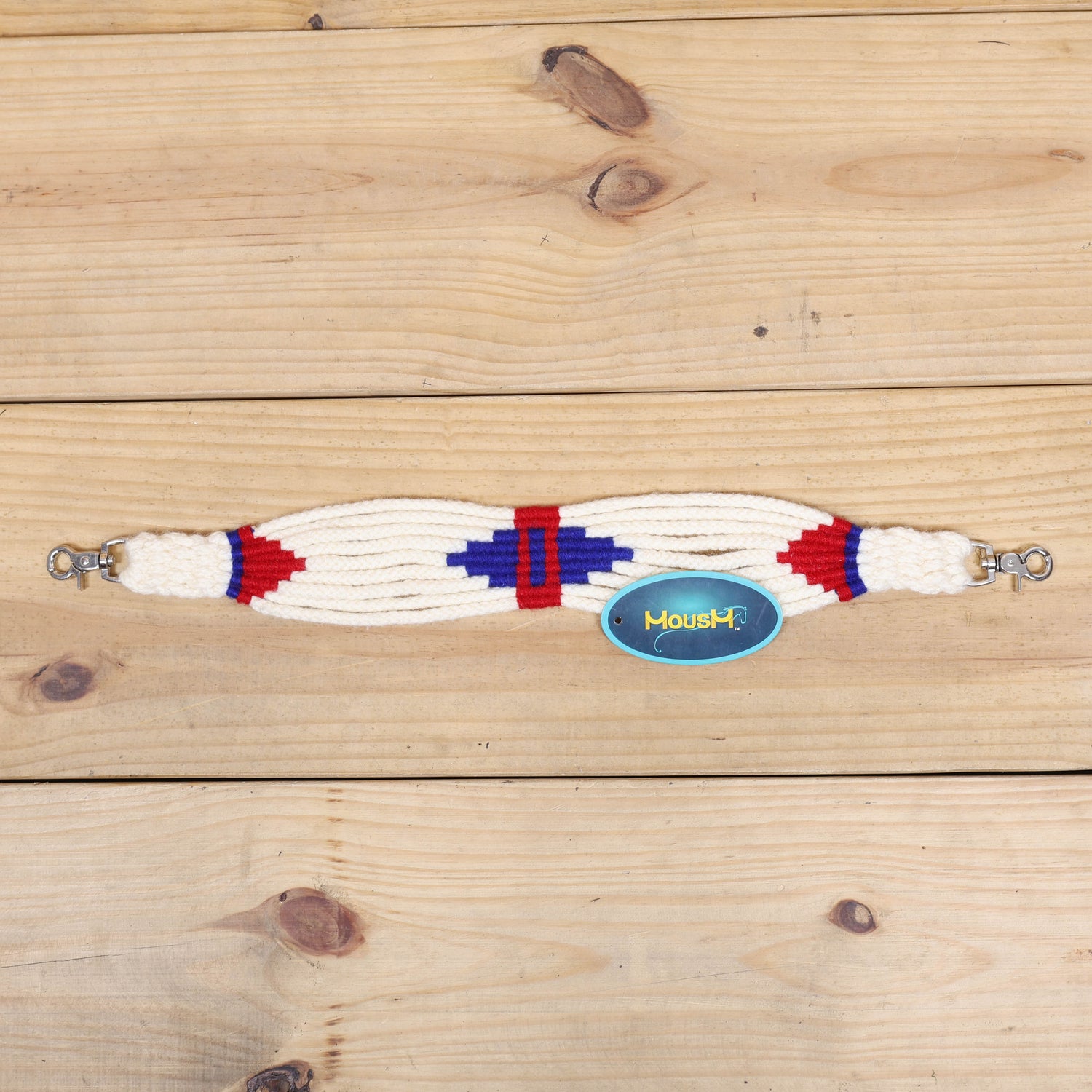 Red, Royal Blue &amp; White Mohair Western Headstall Tack Set with 32” Front Girth – Complete 5-Piece Set with Breast Collar, Bronc Halter &amp; Wither Strap – Antique Copper Hardware – Handcrafted