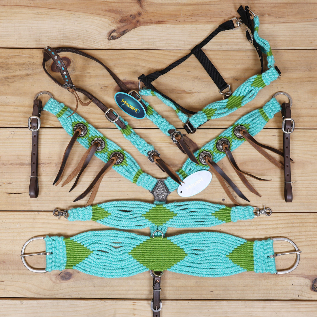 Turquoise and Green Mohair Western Headstall Tack Set with 32” Front Girth – Complete 5-Piece Set on Argentine Leather – Antique Copper Hardware – Handcrafted