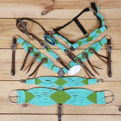 Turquoise and Green Mohair Western Headstall Tack Set with 32” Front Girth – Complete 5-Piece Set on Argentine Leather – Antique Copper Hardware – Handcrafted