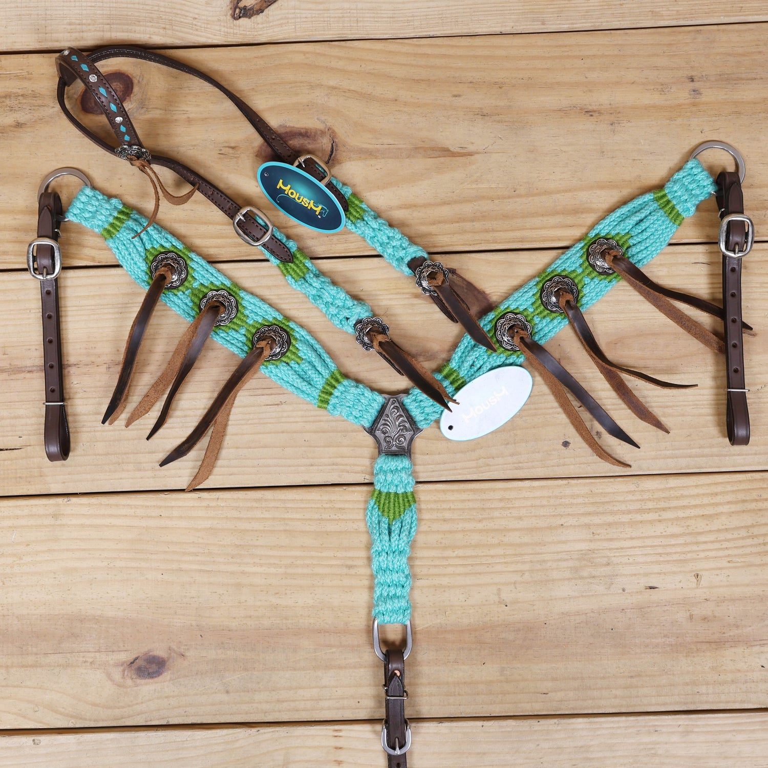 Turquoise and Green Mohair Western Headstall Tack Set with 32” Front Girth – Complete 5-Piece Set on Argentine Leather – Antique Copper Hardware – Handcrafted