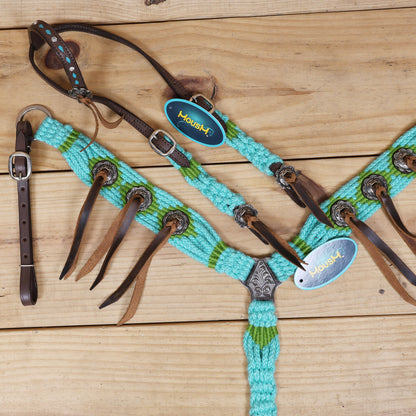 Turquoise and Green Mohair Western Headstall Tack Set with 32” Front Girth – Complete 5-Piece Set on Argentine Leather – Antique Copper Hardware – Handcrafted