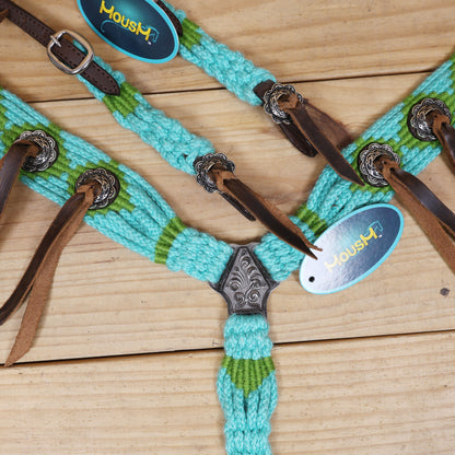 Turquoise and Green Mohair Western Headstall Tack Set with 32” Front Girth – Complete 5-Piece Set on Argentine Leather – Antique Copper Hardware – Handcrafted