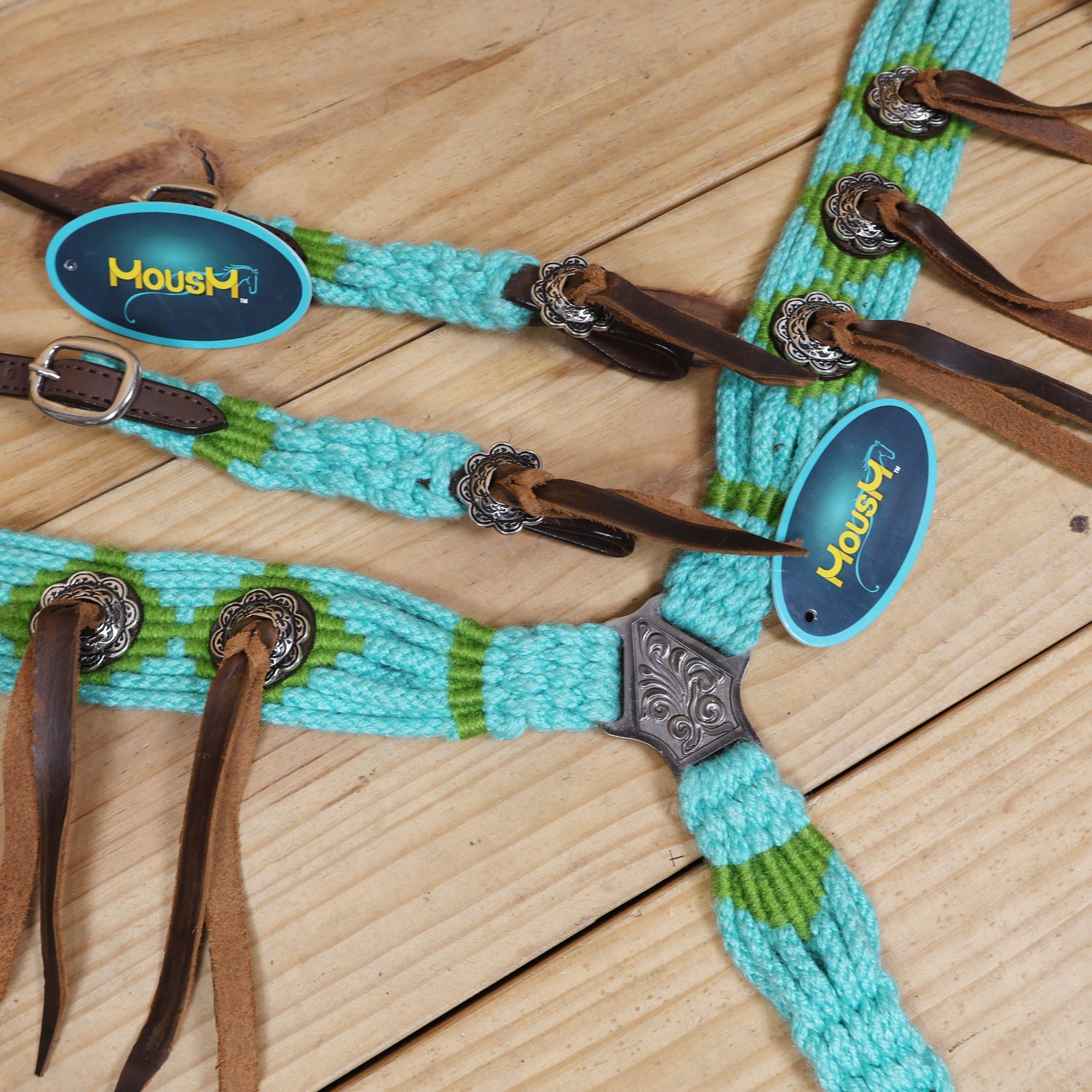 Turquoise and Green Mohair Western Headstall Tack Set with 32” Front Girth – Complete 5-Piece Set on Argentine Leather – Antique Copper Hardware – Handcrafted