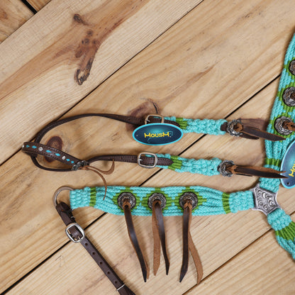 Turquoise and Green Mohair Western Headstall Tack Set with 32” Front Girth – Complete 5-Piece Set on Argentine Leather – Antique Copper Hardware – Handcrafted