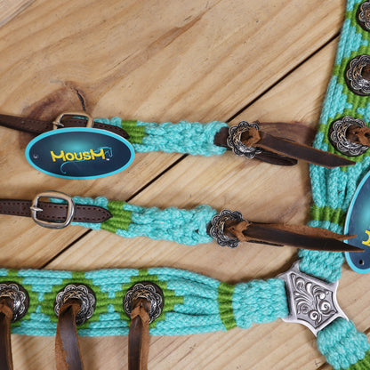 Turquoise and Green Mohair Western Headstall Tack Set with 32” Front Girth – Complete 5-Piece Set on Argentine Leather – Antique Copper Hardware – Handcrafted