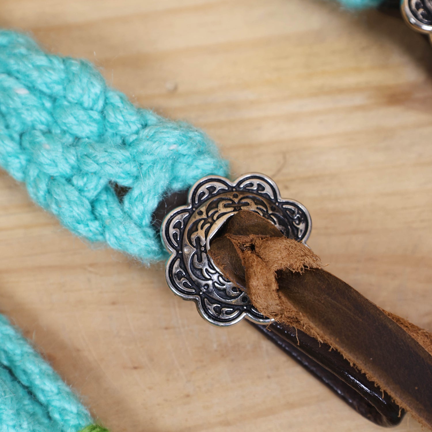 Turquoise and Green Mohair Western Headstall Tack Set with 32” Front Girth – Complete 5-Piece Set on Argentine Leather – Antique Copper Hardware – Handcrafted