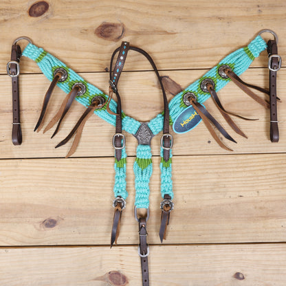 Turquoise and Green Mohair Western Headstall Tack Set with 32” Front Girth – Complete 5-Piece Set on Argentine Leather – Antique Copper Hardware – Handcrafted