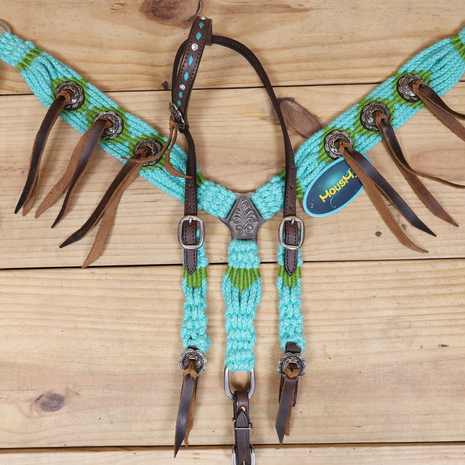 Turquoise and Green Mohair Western Headstall Tack Set with 32” Front Girth – Complete 5-Piece Set on Argentine Leather – Antique Copper Hardware – Handcrafted