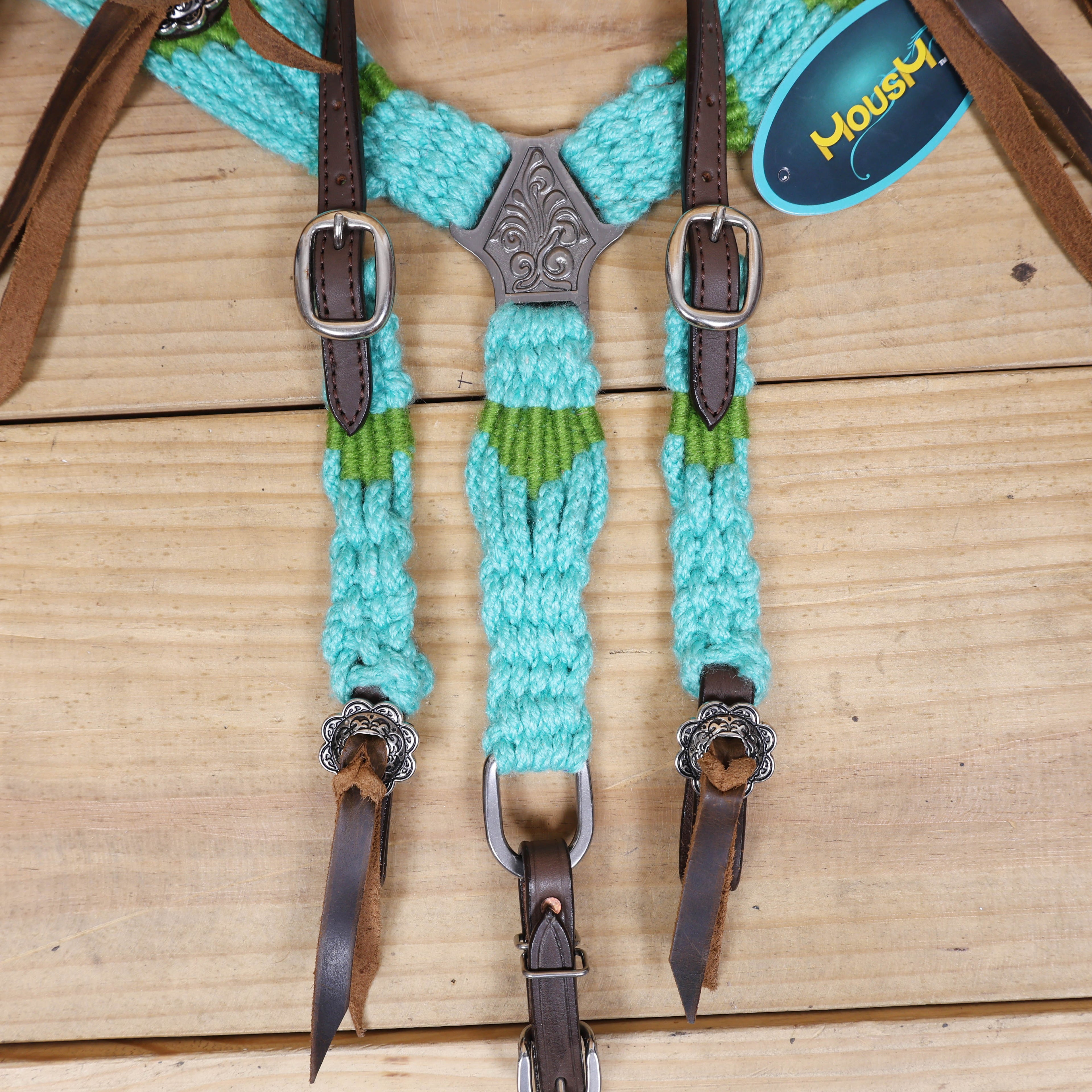 Turquoise and Green Mohair Western Headstall Tack Set with 32” Front Girth – Complete 5-Piece Set on Argentine Leather – Antique Copper Hardware – Handcrafted