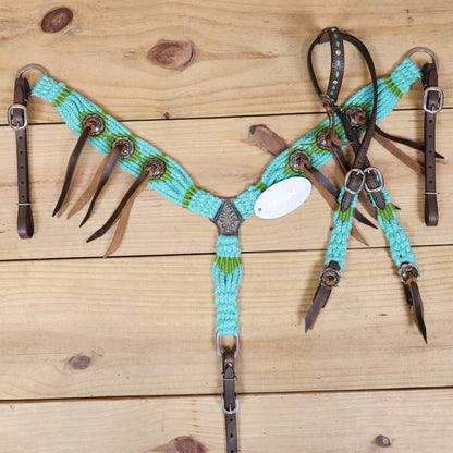 Turquoise and Green Mohair Western Headstall Tack Set with 32” Front Girth – Complete 5-Piece Set on Argentine Leather – Antique Copper Hardware – Handcrafted