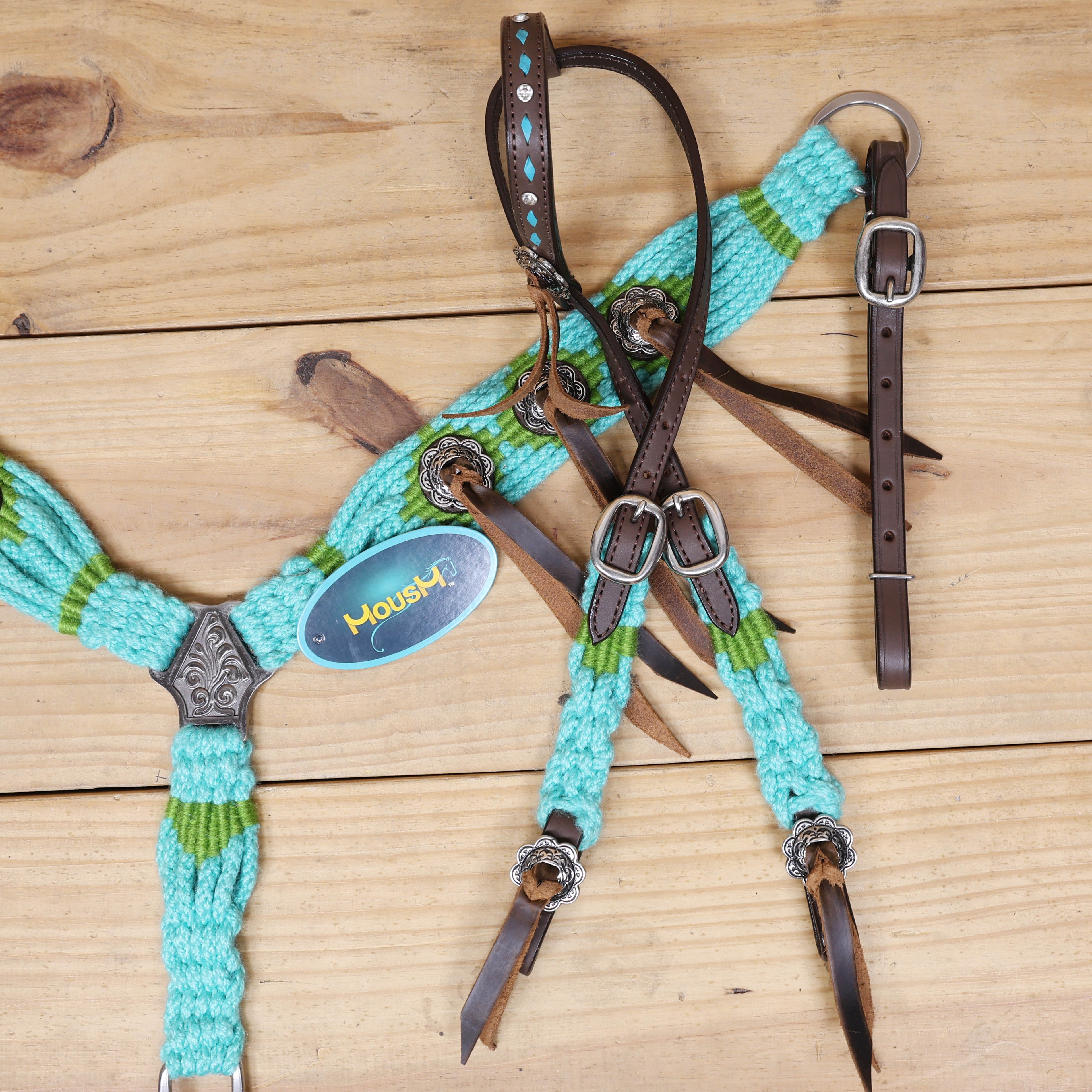 Turquoise and Green Mohair Western Headstall Tack Set with 32” Front Girth – Complete 5-Piece Set on Argentine Leather – Antique Copper Hardware – Handcrafted