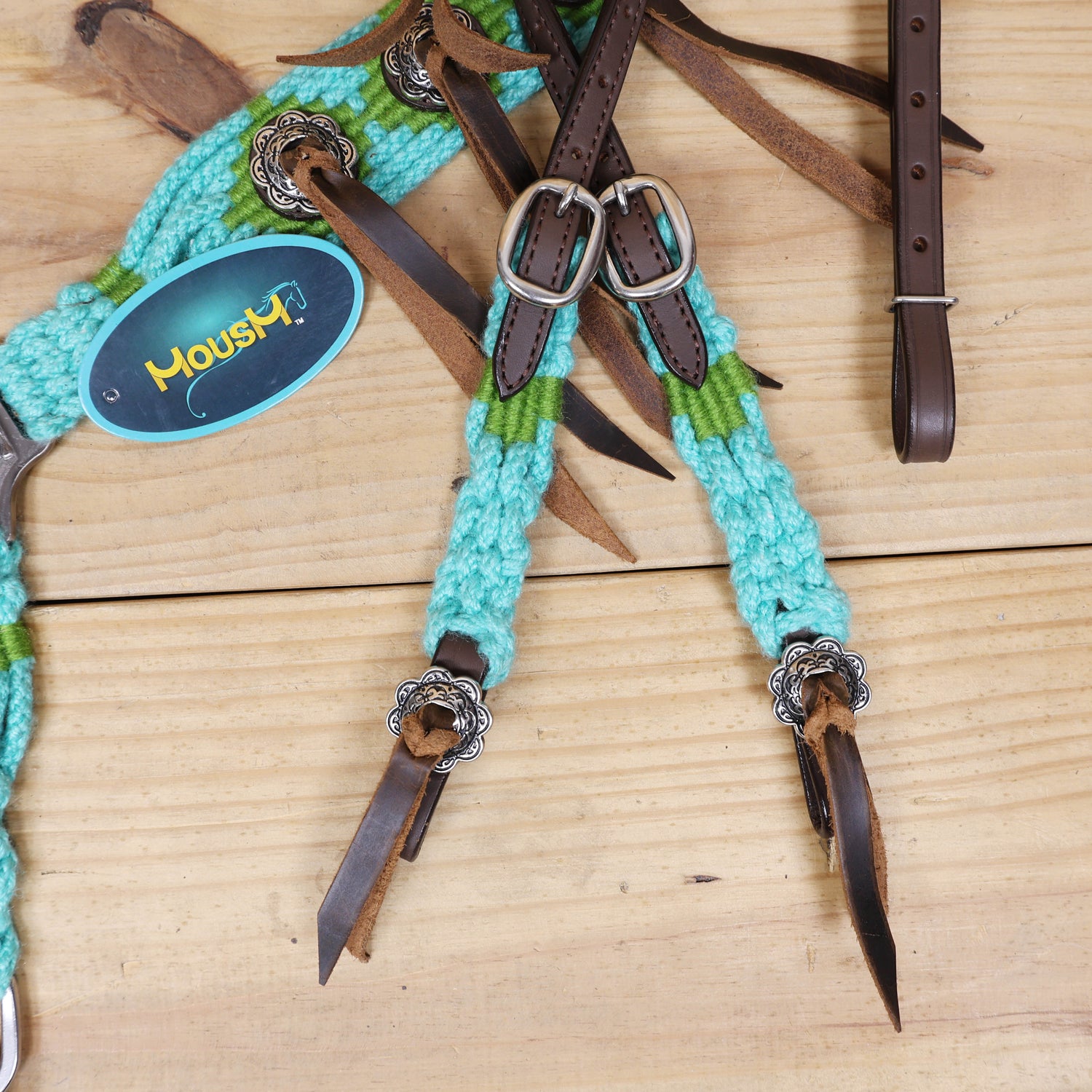 Turquoise and Green Mohair Western Headstall Tack Set with 32” Front Girth – Complete 5-Piece Set on Argentine Leather – Antique Copper Hardware – Handcrafted