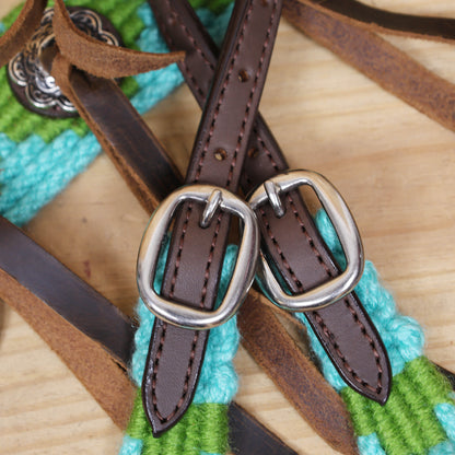 Turquoise and Green Mohair Western Headstall Tack Set with 32” Front Girth – Complete 5-Piece Set on Argentine Leather – Antique Copper Hardware – Handcrafted