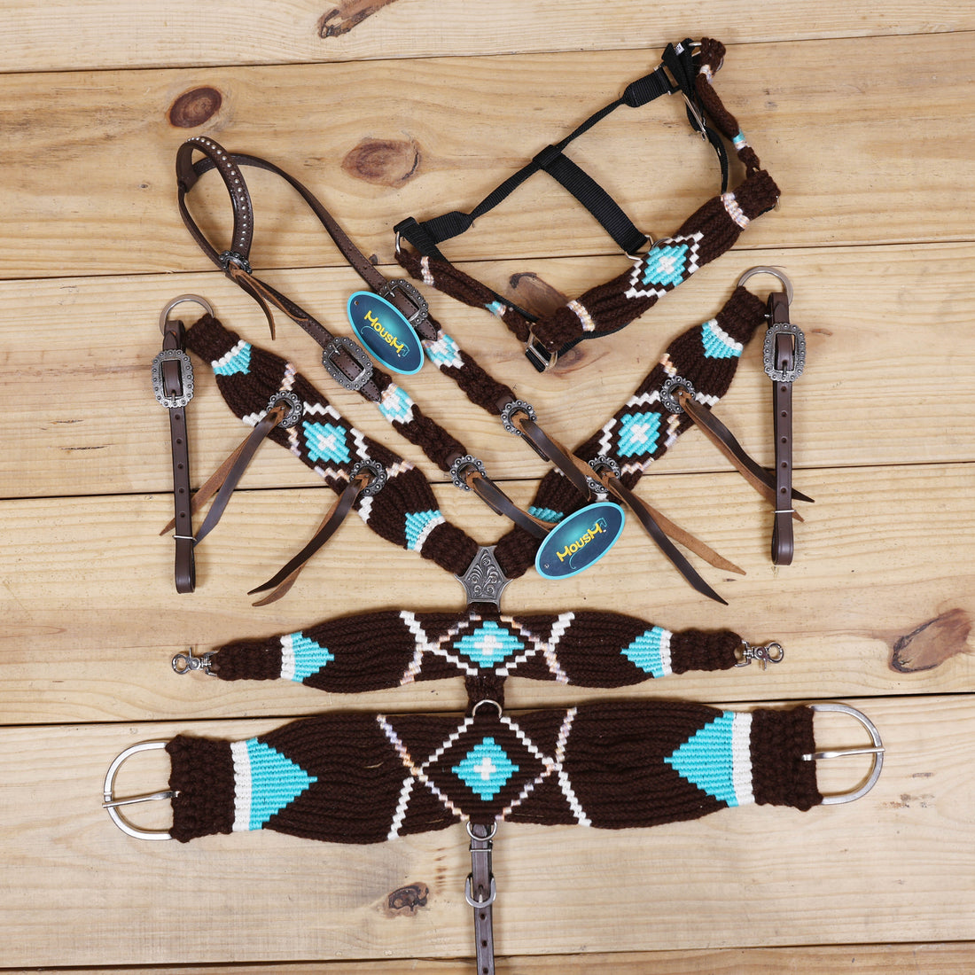 Black and Sky Blue Mohair Western Headstall Tack Set with 32” Front Girth – String Conchos – Complete 5-Piece Set on Argentine Leather – Antique Copper Hardware – Handcrafted