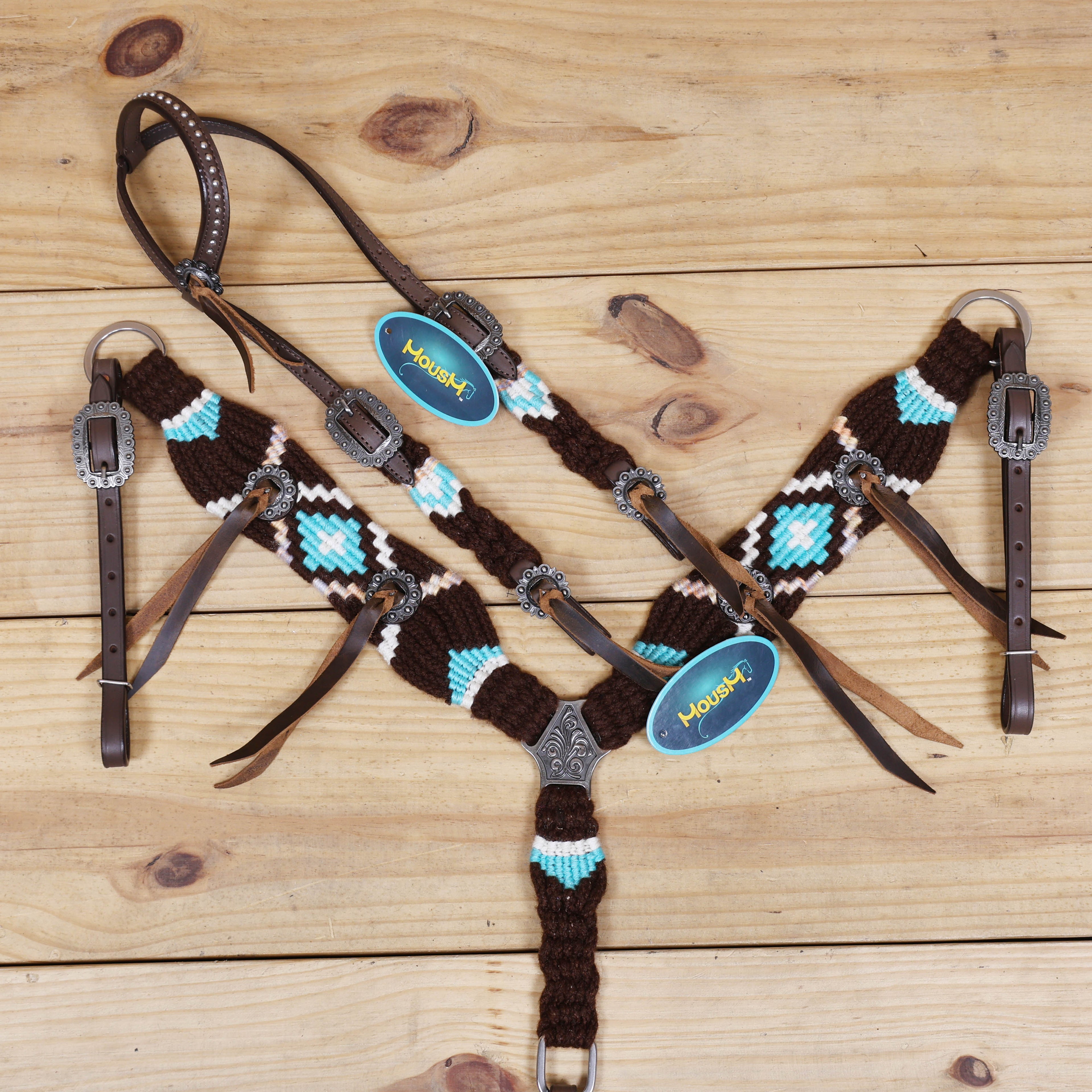Black and Sky Blue Mohair Western Headstall Tack Set with 32” Front Girth – String Conchos – Complete 5-Piece Set on Argentine Leather – Antique Copper Hardware – Handcrafted