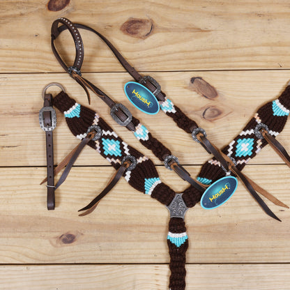 Black and Sky Blue Mohair Western Headstall Tack Set with 32” Front Girth – String Conchos – Complete 5-Piece Set on Argentine Leather – Antique Copper Hardware – Handcrafted