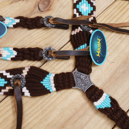 Black and Sky Blue Mohair Western Headstall Tack Set with 32” Front Girth – String Conchos – Complete 5-Piece Set on Argentine Leather – Antique Copper Hardware – Handcrafted