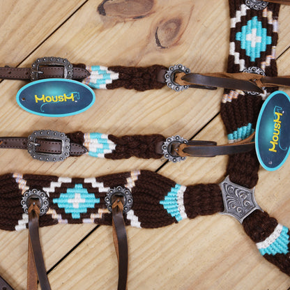 Black and Sky Blue Mohair Western Headstall Tack Set with 32” Front Girth – String Conchos – Complete 5-Piece Set on Argentine Leather – Antique Copper Hardware – Handcrafted