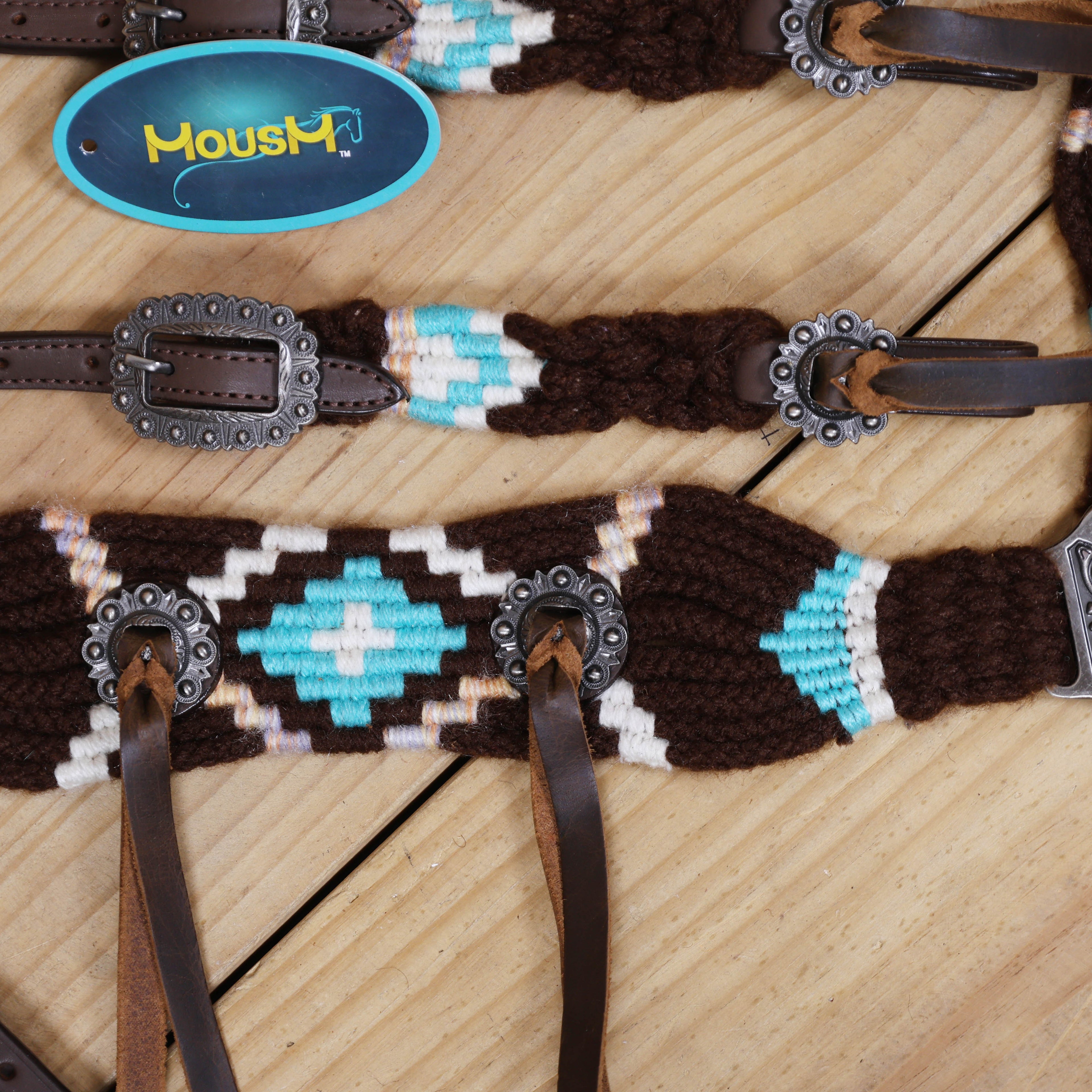 Black and Sky Blue Mohair Western Headstall Tack Set with 32” Front Girth – String Conchos – Complete 5-Piece Set on Argentine Leather – Antique Copper Hardware – Handcrafted