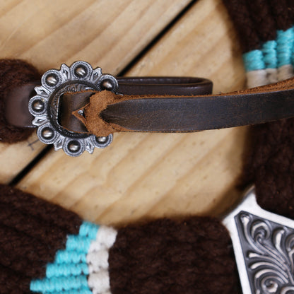 Black and Sky Blue Mohair Western Headstall Tack Set with 32” Front Girth – String Conchos – Complete 5-Piece Set on Argentine Leather – Antique Copper Hardware – Handcrafted