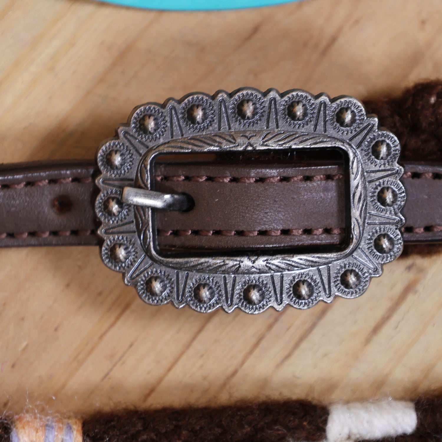 Black and Sky Blue Mohair Western Headstall Tack Set with 32” Front Girth – String Conchos – Complete 5-Piece Set on Argentine Leather – Antique Copper Hardware – Handcrafted