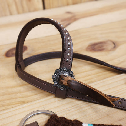 Black and Sky Blue Mohair Western Headstall Tack Set with 32” Front Girth – String Conchos – Complete 5-Piece Set on Argentine Leather – Antique Copper Hardware – Handcrafted