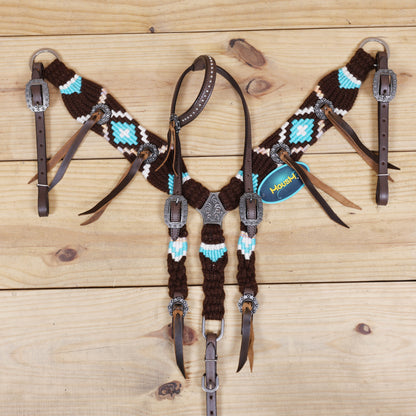 Black and Sky Blue Mohair Western Headstall Tack Set with 32” Front Girth – String Conchos – Complete 5-Piece Set on Argentine Leather – Antique Copper Hardware – Handcrafted