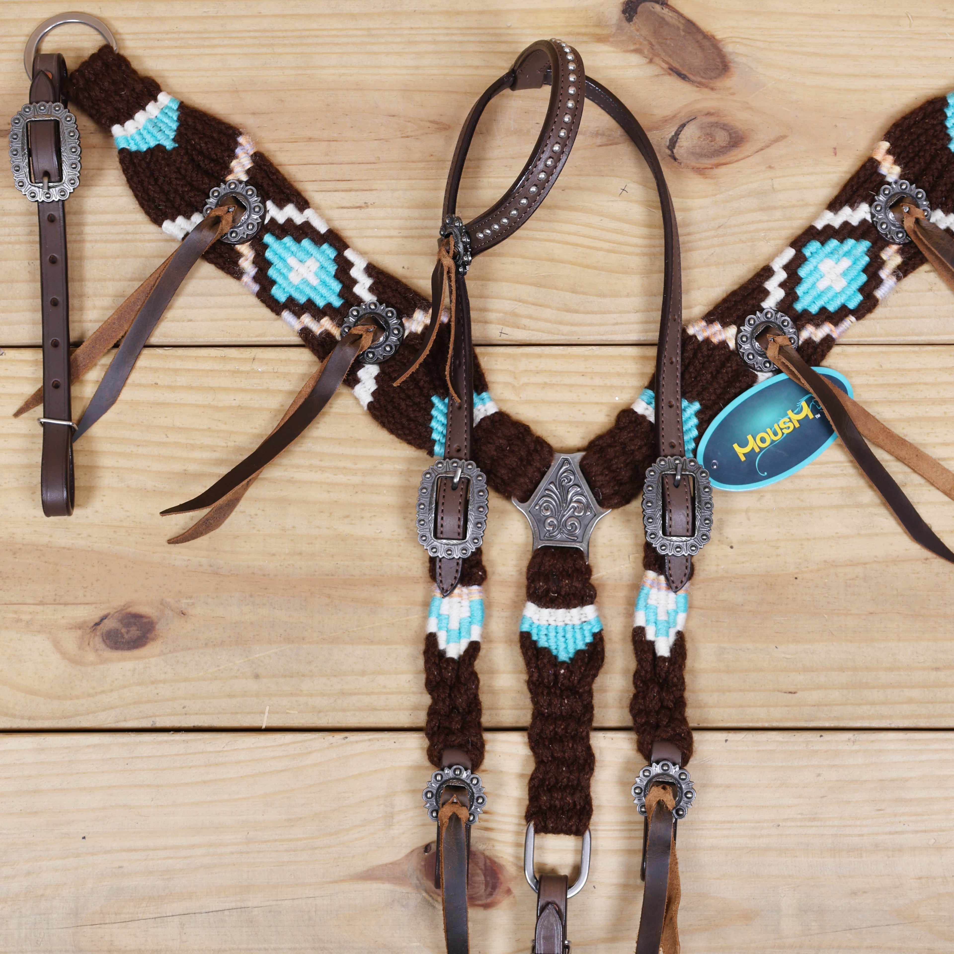 Black and Sky Blue Mohair Western Headstall Tack Set with 32” Front Girth – String Conchos – Complete 5-Piece Set on Argentine Leather – Antique Copper Hardware – Handcrafted