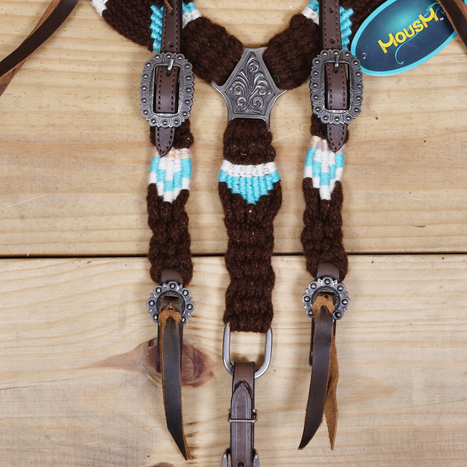 Black and Sky Blue Mohair Western Headstall Tack Set with 32” Front Girth – String Conchos – Complete 5-Piece Set on Argentine Leather – Antique Copper Hardware – Handcrafted
