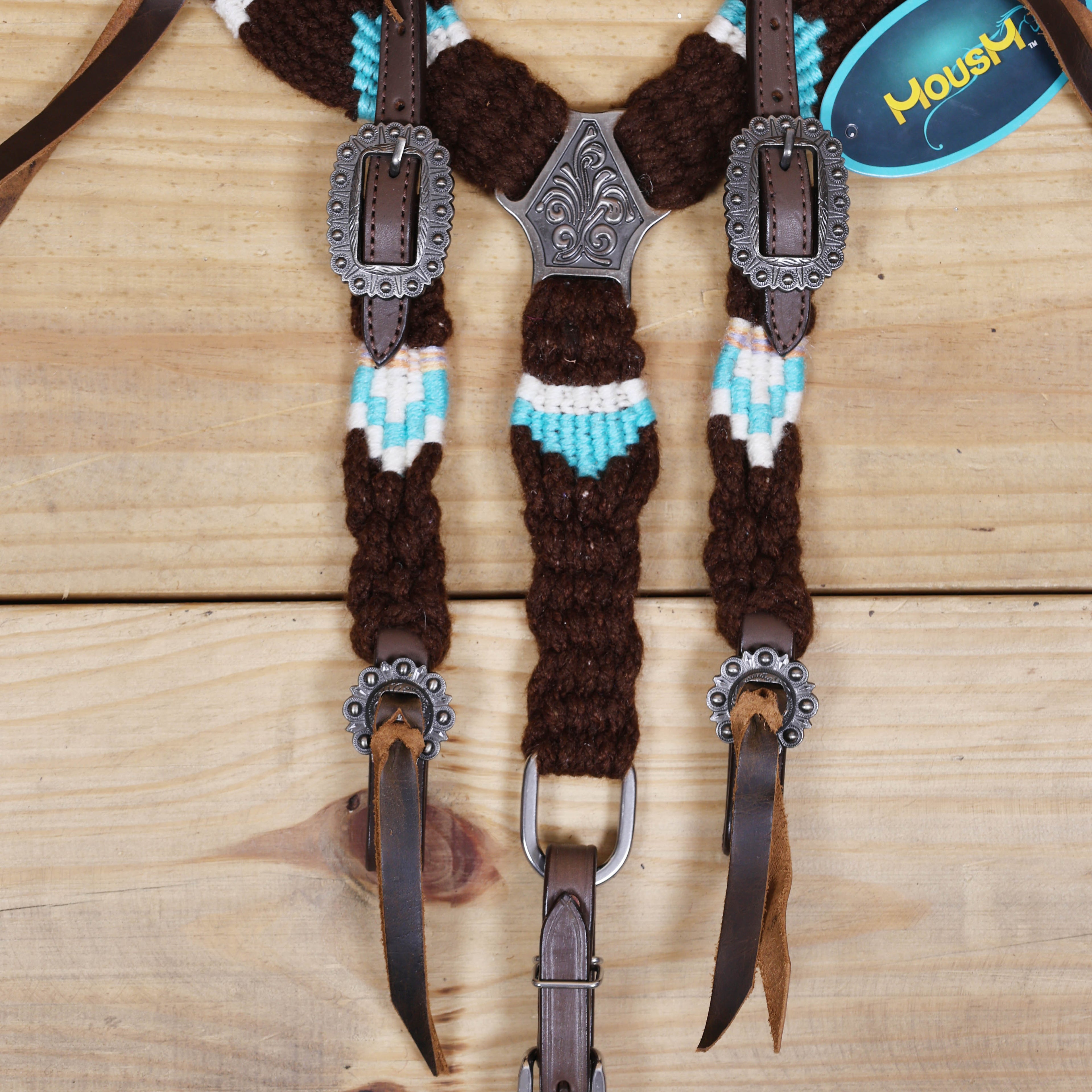 Black and Sky Blue Mohair Western Headstall Tack Set with 32” Front Girth – String Conchos – Complete 5-Piece Set on Argentine Leather – Antique Copper Hardware – Handcrafted