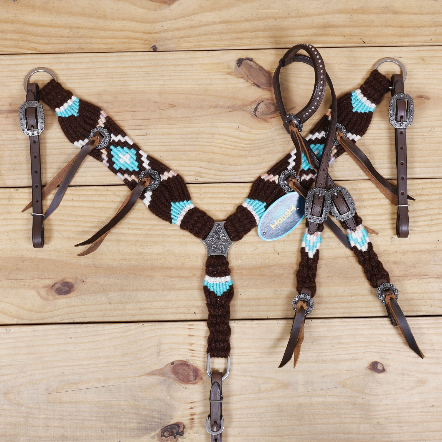 Black and Sky Blue Mohair Western Headstall Tack Set with 32” Front Girth – String Conchos – Complete 5-Piece Set on Argentine Leather – Antique Copper Hardware – Handcrafted