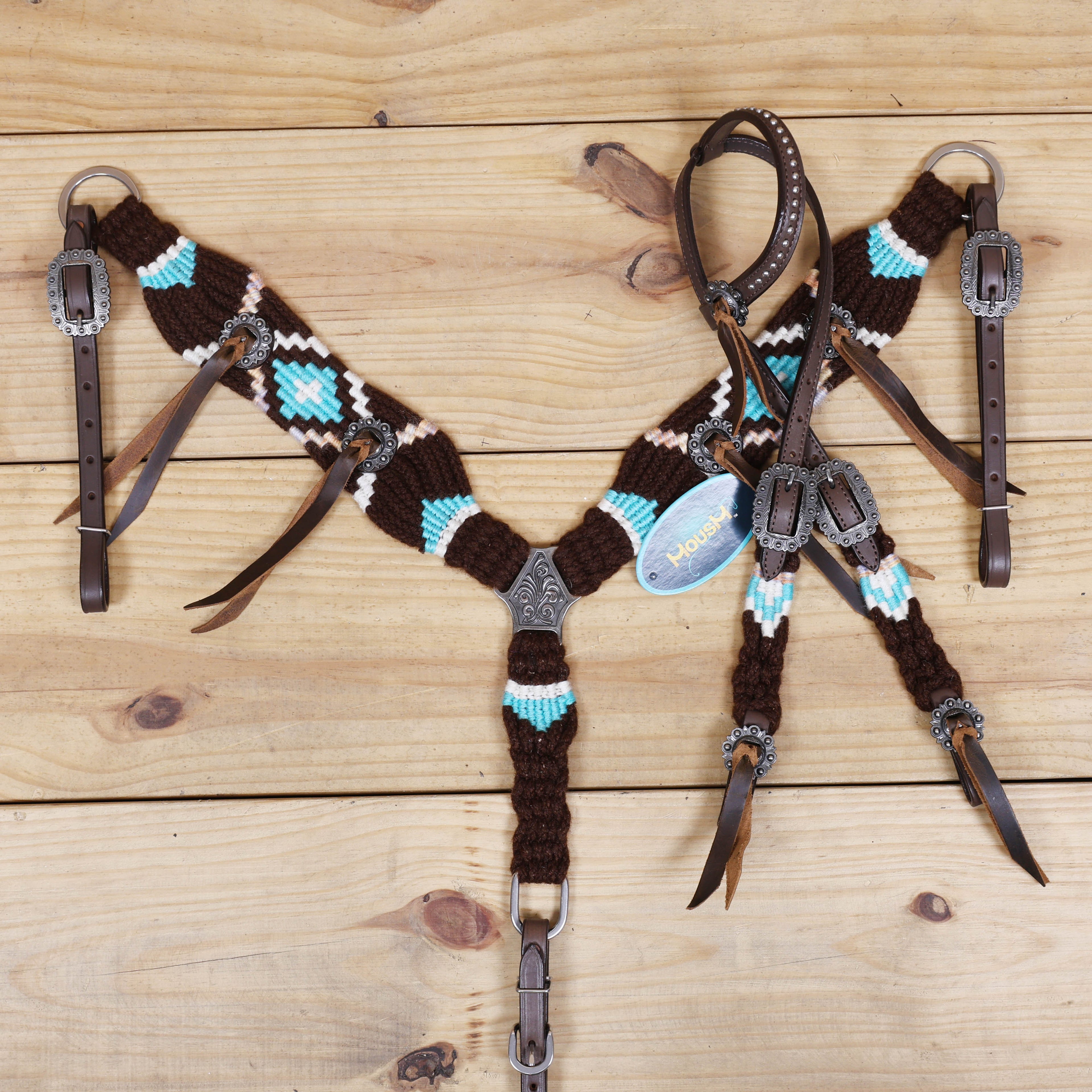 Black and Sky Blue Mohair Western Headstall Tack Set with 32” Front Girth – String Conchos – Complete 5-Piece Set on Argentine Leather – Antique Copper Hardware – Handcrafted