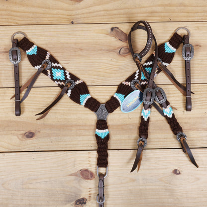 Black and Sky Blue Mohair Western Headstall Tack Set with 32” Front Girth – String Conchos – Complete 5-Piece Set on Argentine Leather – Antique Copper Hardware – Handcrafted