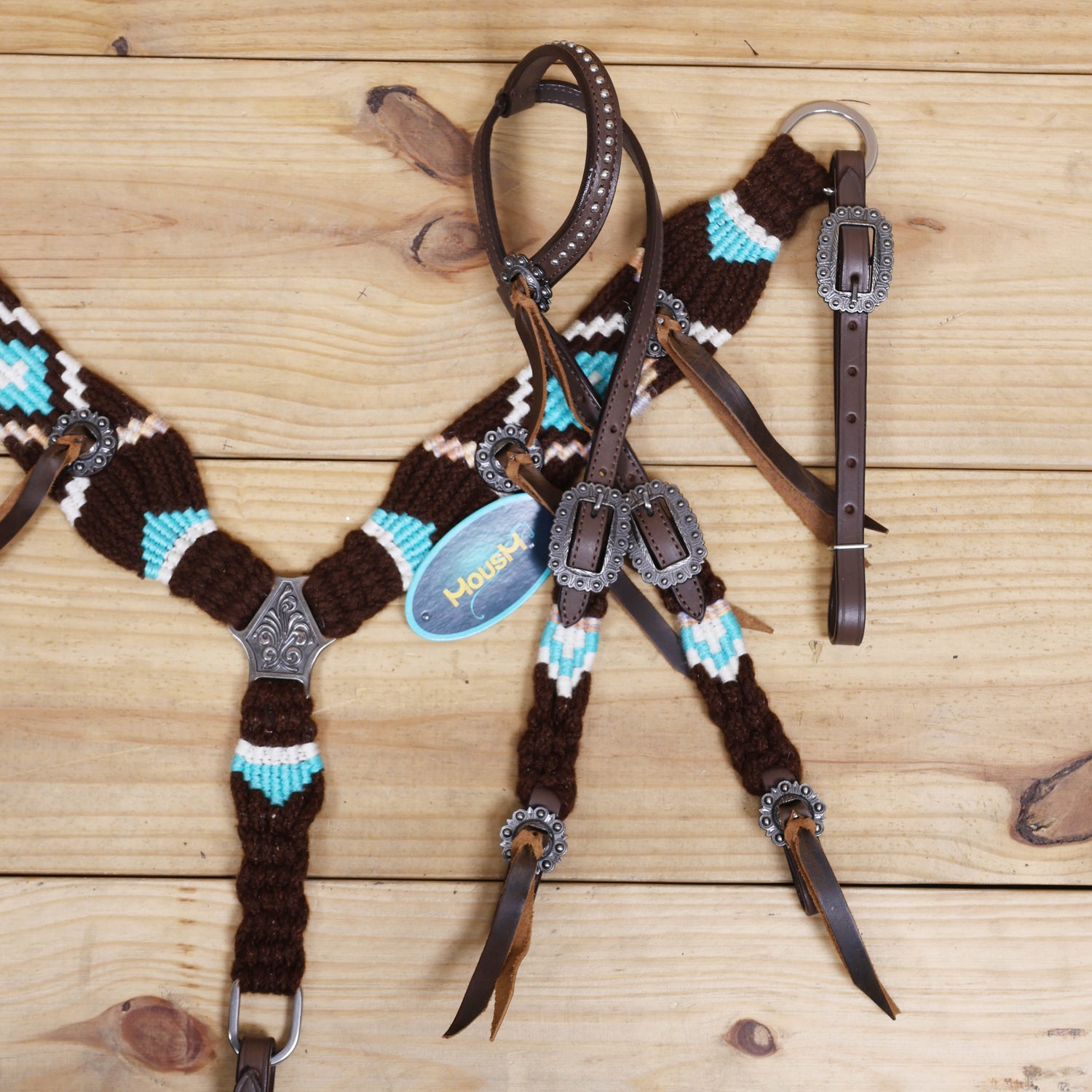 Black and Sky Blue Mohair Western Headstall Tack Set with 32” Front Girth – String Conchos – Complete 5-Piece Set on Argentine Leather – Antique Copper Hardware – Handcrafted