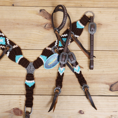 Black and Sky Blue Mohair Western Headstall Tack Set with 32” Front Girth – String Conchos – Complete 5-Piece Set on Argentine Leather – Antique Copper Hardware – Handcrafted