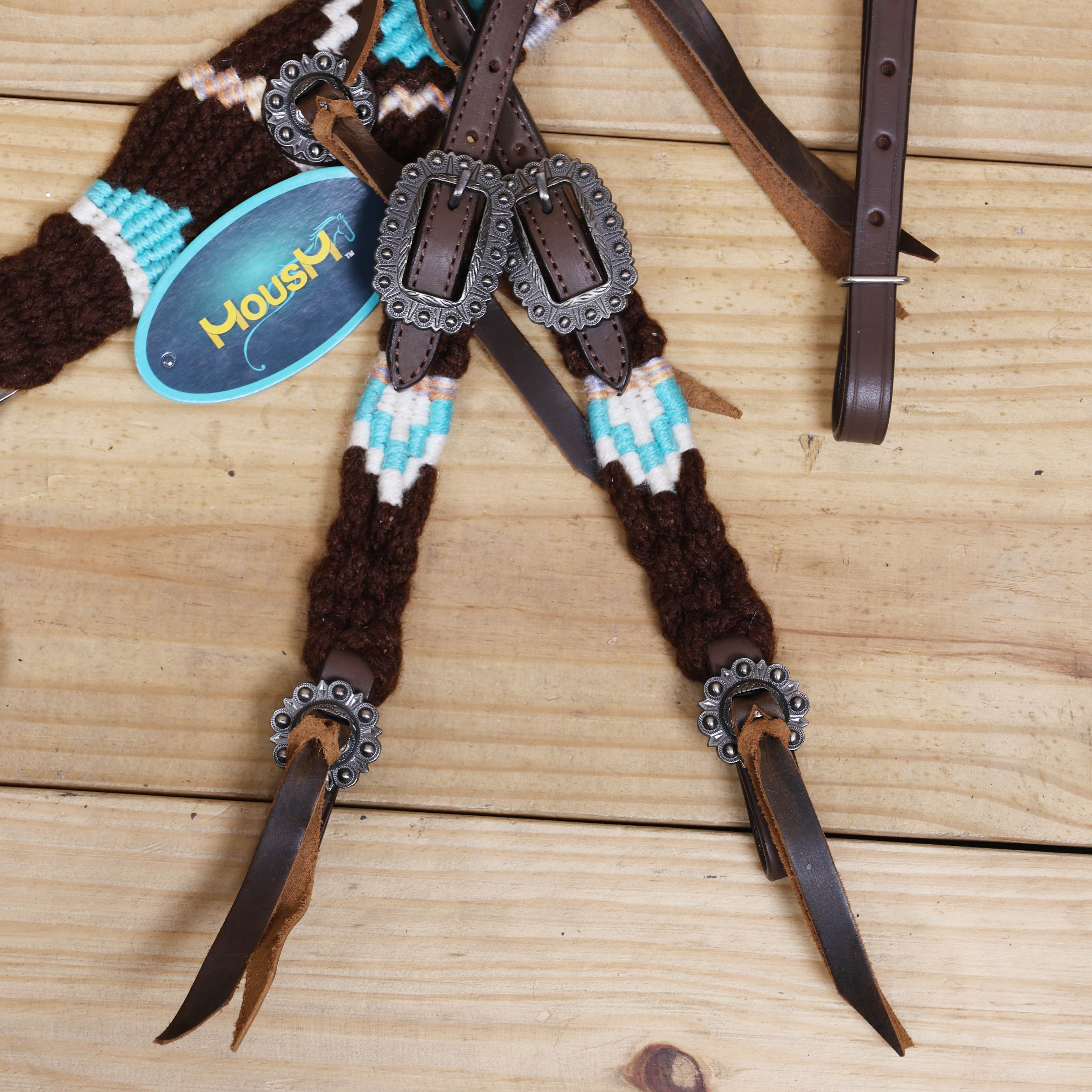 Black and Sky Blue Mohair Western Headstall Tack Set with 32” Front Girth – String Conchos – Complete 5-Piece Set on Argentine Leather – Antique Copper Hardware – Handcrafted