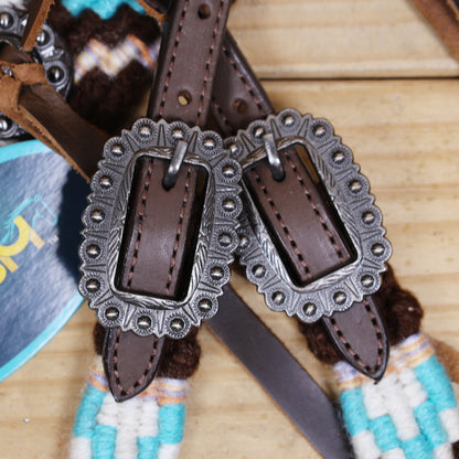 Black and Sky Blue Mohair Western Headstall Tack Set with 32” Front Girth – String Conchos – Complete 5-Piece Set on Argentine Leather – Antique Copper Hardware – Handcrafted