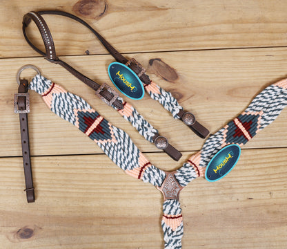 Grey, White &amp; Cream Mohair Western Headstall Tack Set with 32” Front Girth – Complete 5-Piece Set on Argentina Leather – Antique Copper Hardware – Handcrafted
