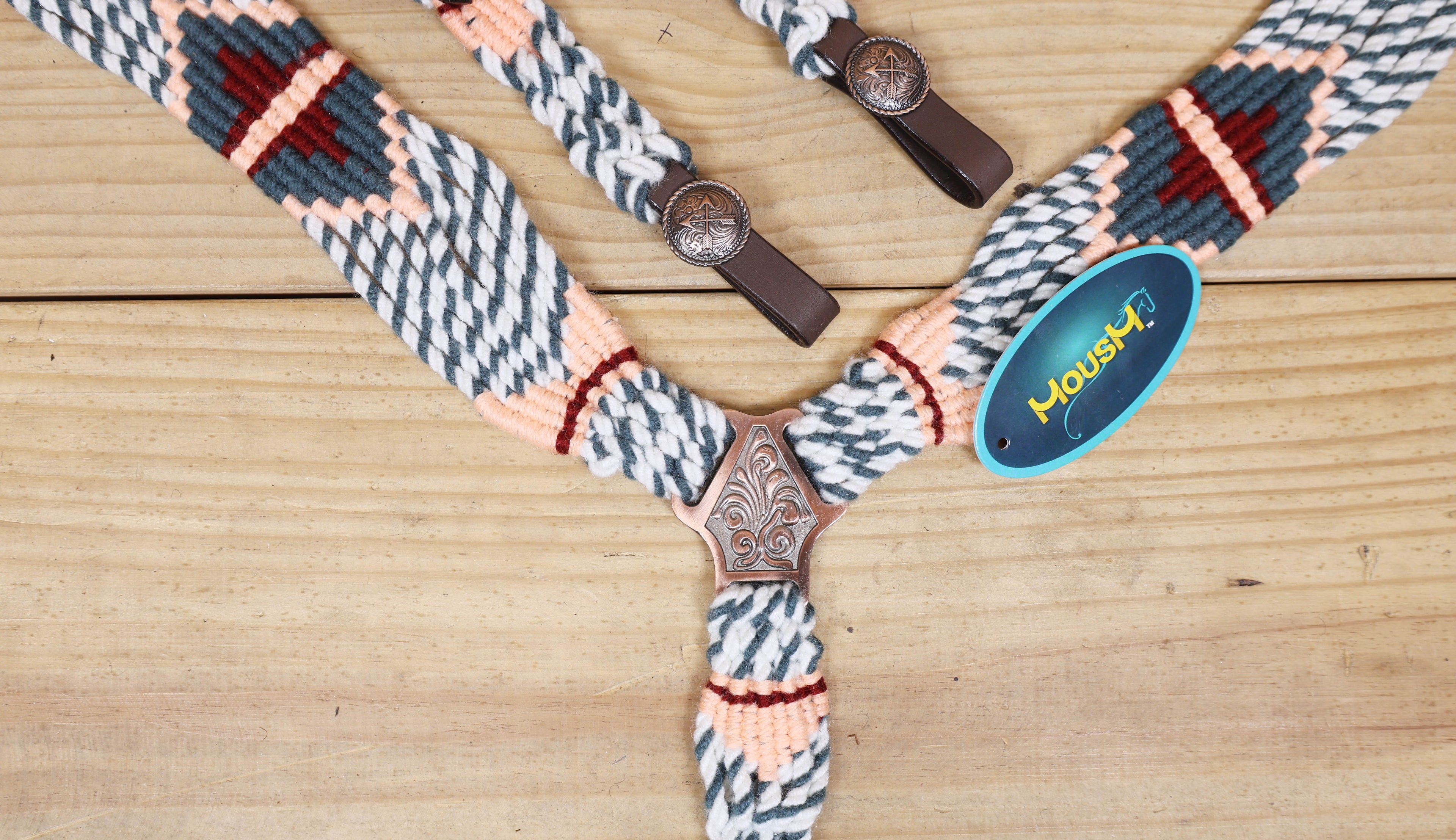 Grey, White &amp; Cream Mohair Western Headstall Tack Set with 32” Front Girth – Complete 5-Piece Set on Argentina Leather – Antique Copper Hardware – Handcrafted