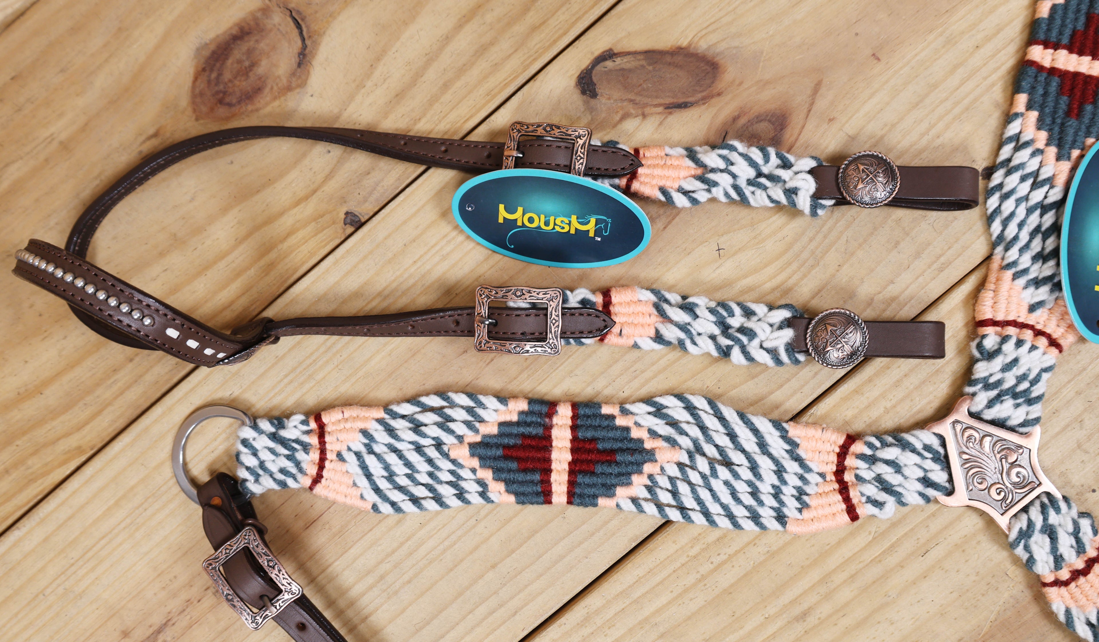 Grey, White &amp; Cream Mohair Western Headstall Tack Set with 32” Front Girth – Complete 5-Piece Set on Argentina Leather – Antique Copper Hardware – Handcrafted