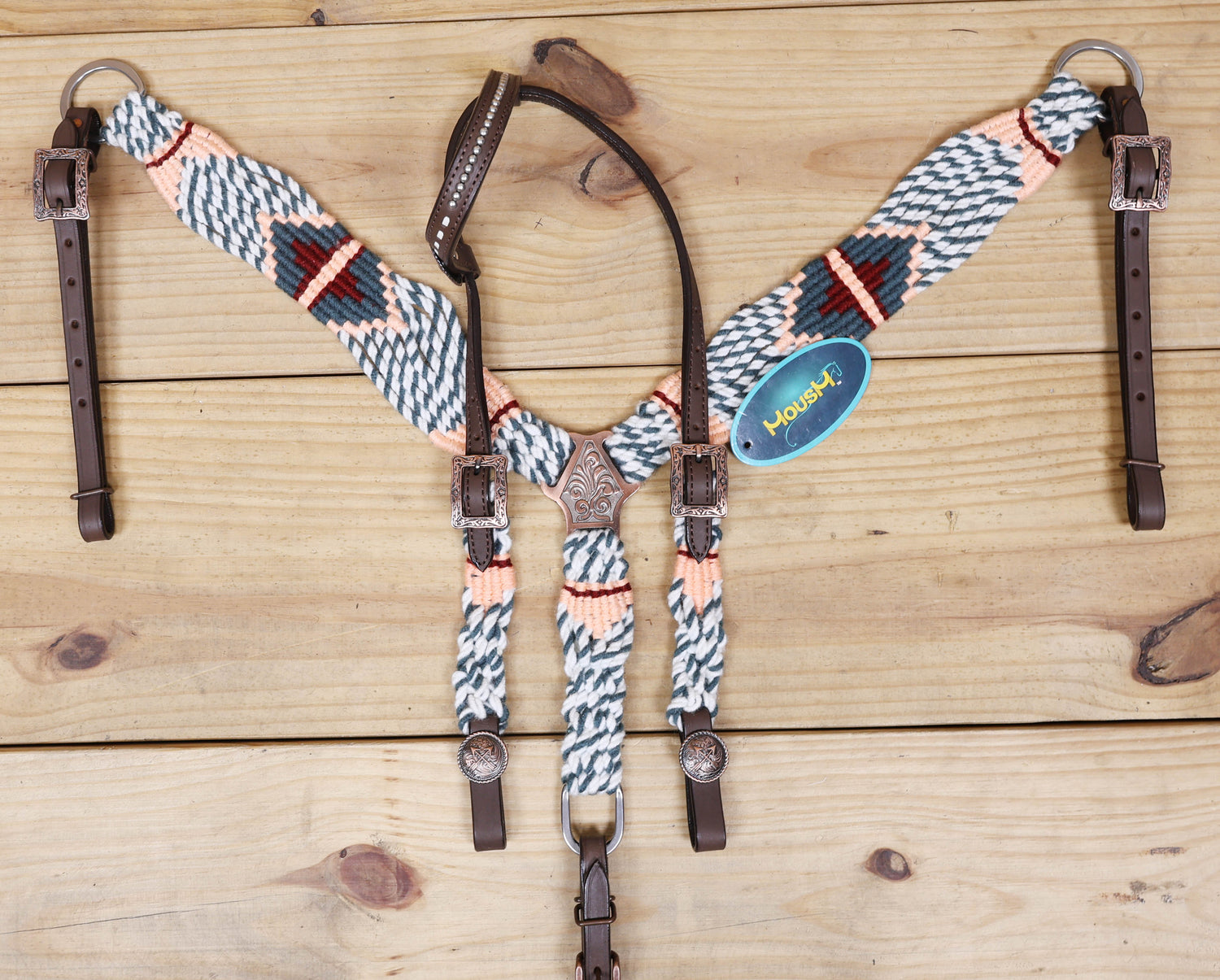 Grey, White &amp; Cream Mohair Western Headstall Tack Set with 32” Front Girth – Complete 5-Piece Set on Argentina Leather – Antique Copper Hardware – Handcrafted