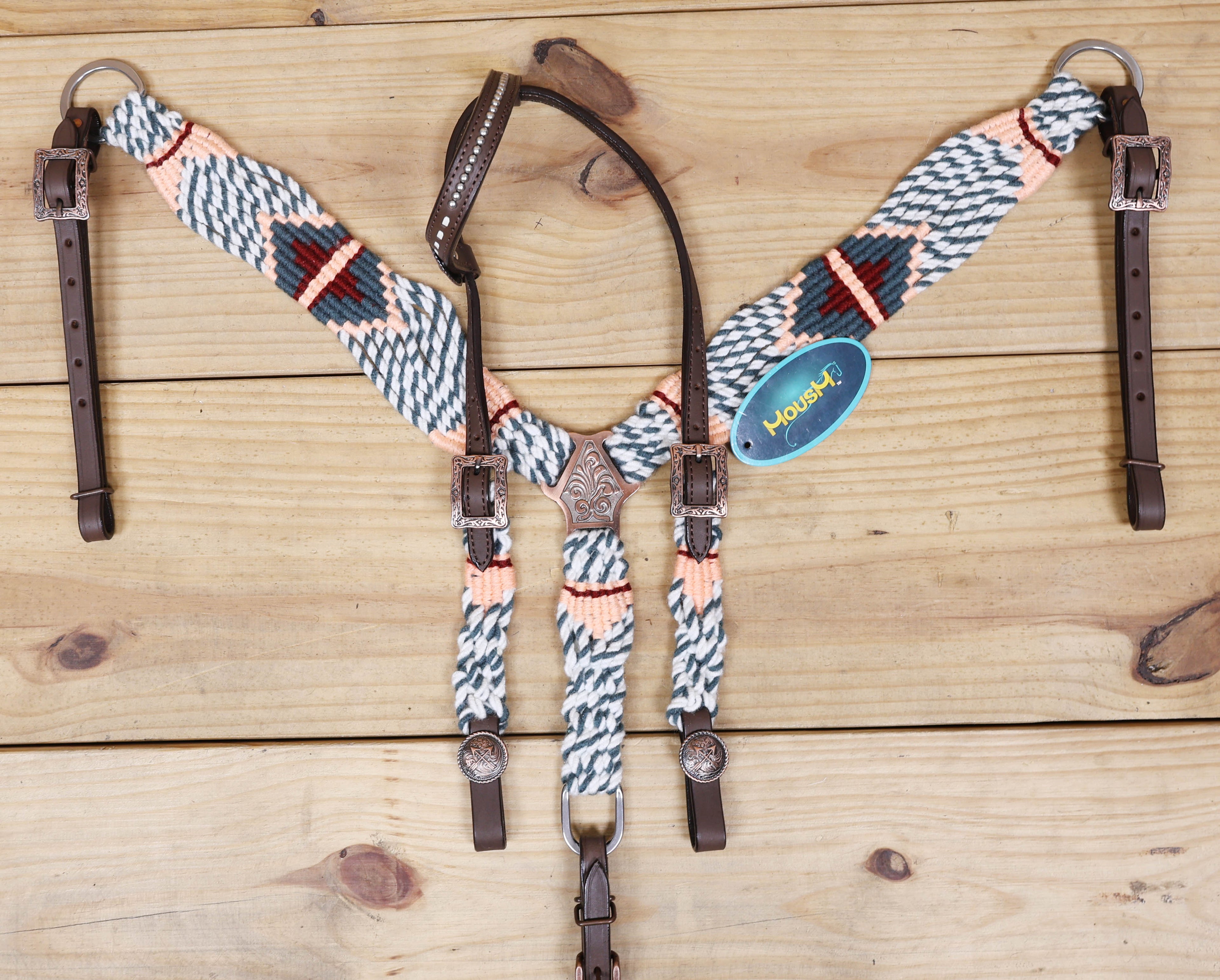Grey, White &amp; Cream Mohair Western Headstall Tack Set with 32” Front Girth – Complete 5-Piece Set on Argentina Leather – Antique Copper Hardware – Handcrafted